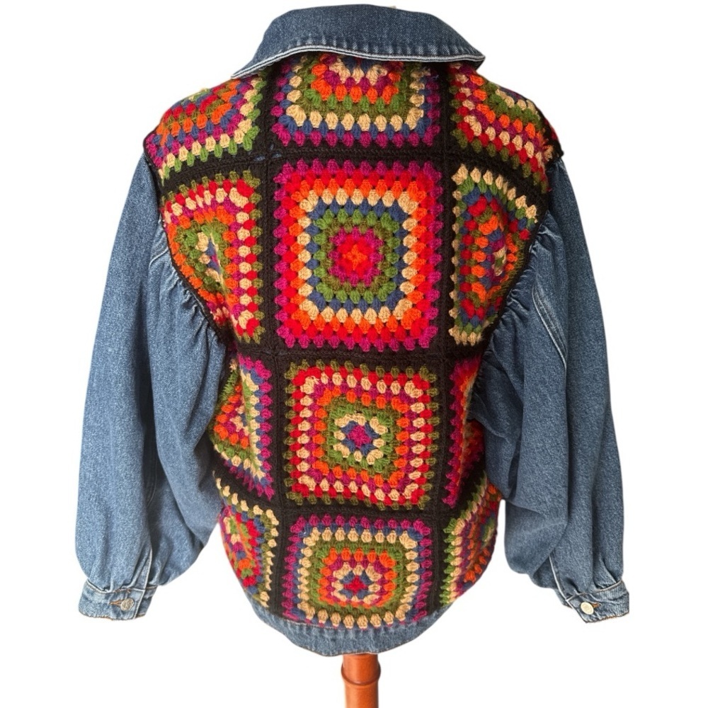 FARM Rio Blue Denim Jacket with Multicolor Crochet Panels - Picture 4 of 7